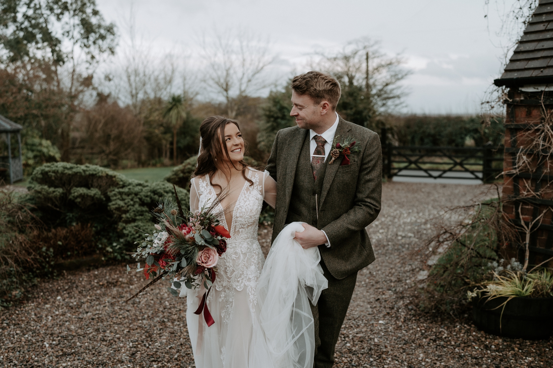 Bride and Groom at their winter wedding at Curradine Barns