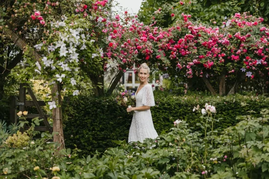 Upwaltham Barns bride in garden