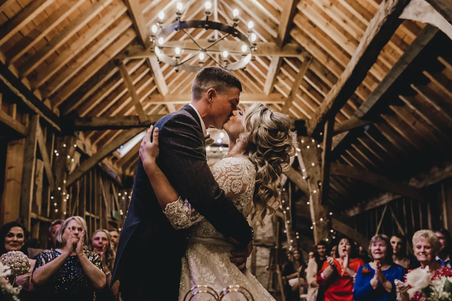 bride and groom inside the rickey barn