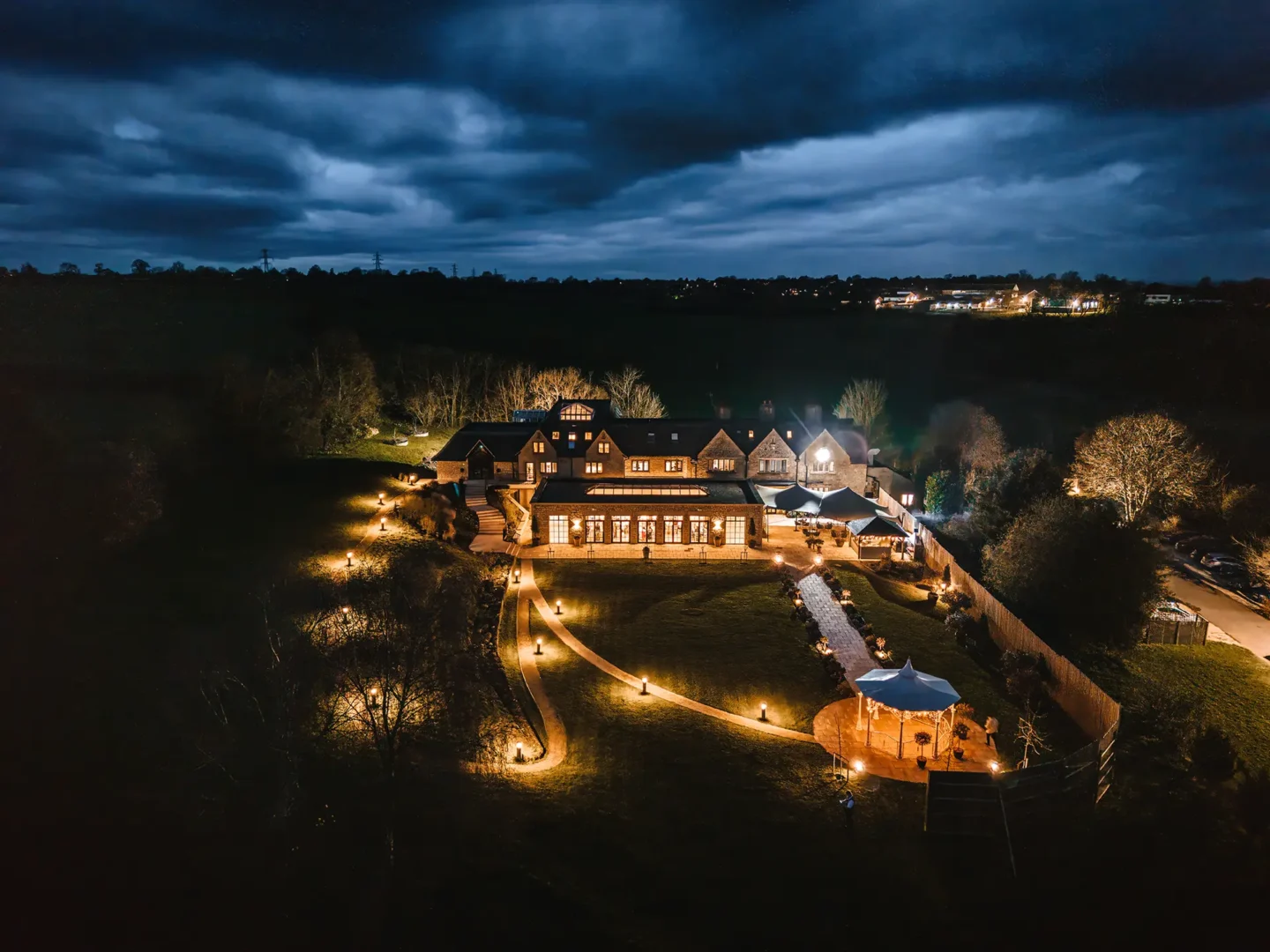 The Pear Tree aerial venue at night