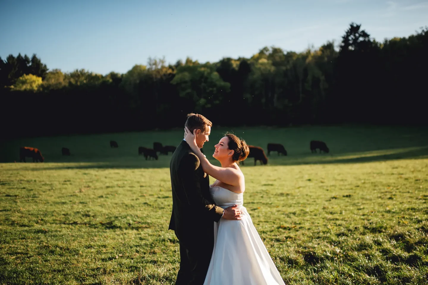 bride and groom in a field at crumplebury
