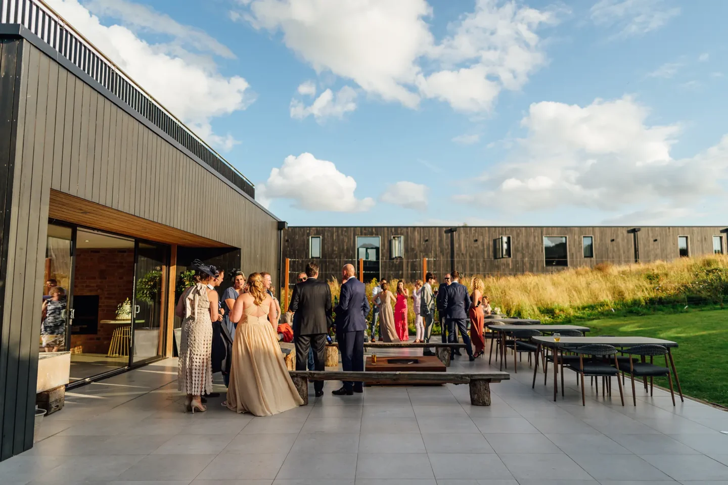 wedding guests in the sunken terrace