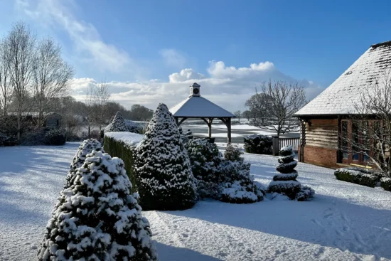 Sandhole Oak Barn wedding venue in Cheshire in the snow