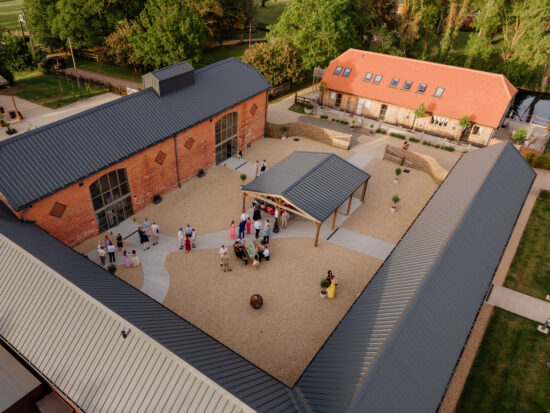 A drone shot of the courtyards at Branches Park in Suffolk